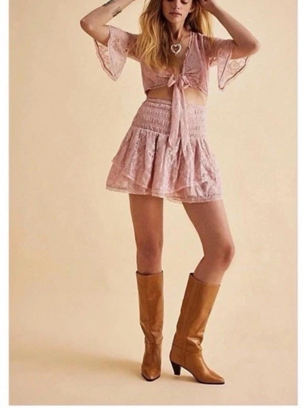 Free People Lala Lace Pink Rose Mini Dress 
Size Medium NWT